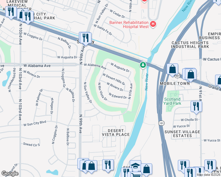 map of restaurants, bars, coffee shops, grocery stores, and more near 9727 West Desert Hills Drive in Sun City