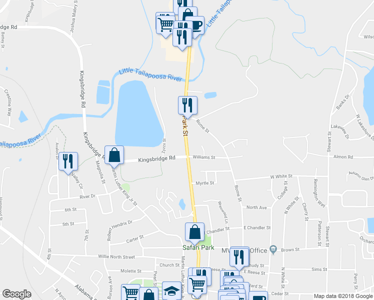 map of restaurants, bars, coffee shops, grocery stores, and more near 908 North Park Street in Carrollton