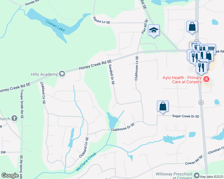 map of restaurants, bars, coffee shops, grocery stores, and more near 3657 Sandhill Drive Southeast in Conyers