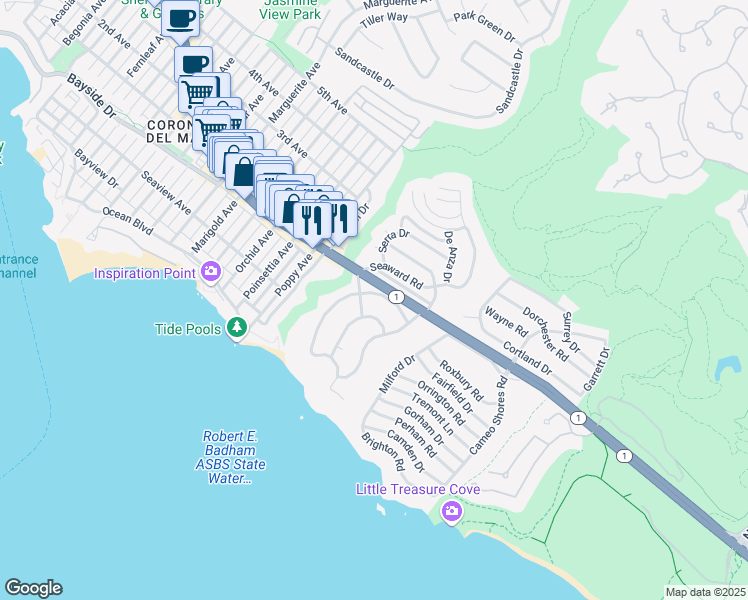 map of restaurants, bars, coffee shops, grocery stores, and more near 314 Evening Canyon Road in Newport Beach