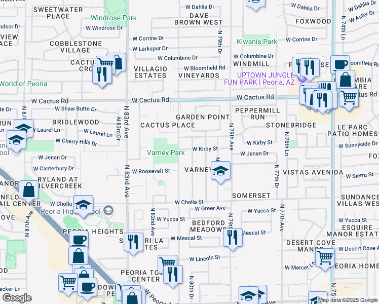 map of restaurants, bars, coffee shops, grocery stores, and more near 11825 North 81st Avenue in Peoria