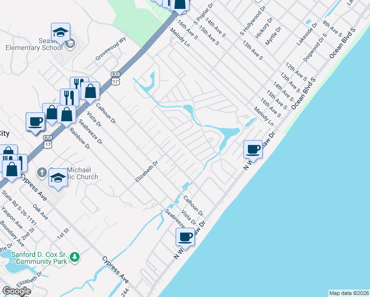 map of restaurants, bars, coffee shops, grocery stores, and more near 289 Sanddollar Drive in Surfside Beach
