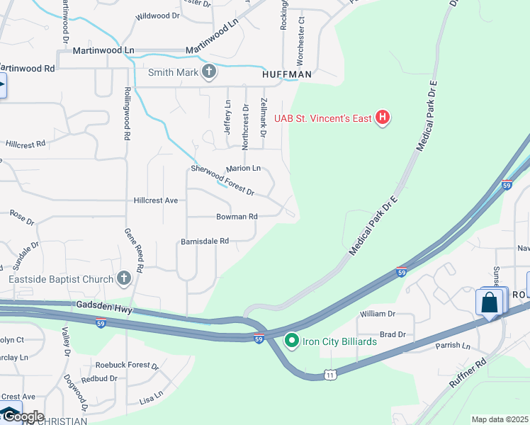 map of restaurants, bars, coffee shops, grocery stores, and more near 813 Sherwood Forest Drive in Birmingham
