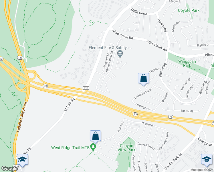 map of restaurants, bars, coffee shops, grocery stores, and more near 28 Royal Tern Lane in Aliso Viejo