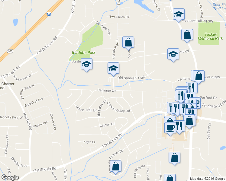 map of restaurants, bars, coffee shops, grocery stores, and more near Carriage Lane in South Fulton