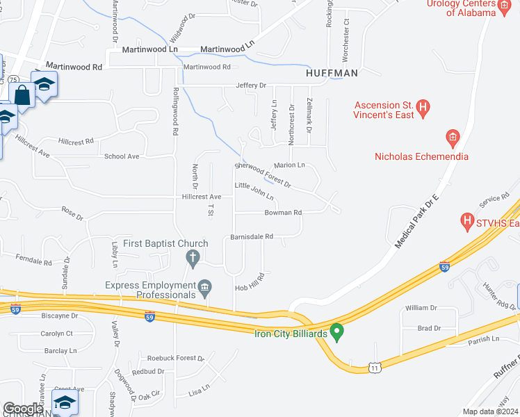 map of restaurants, bars, coffee shops, grocery stores, and more near 1120 Bowman Road in Birmingham