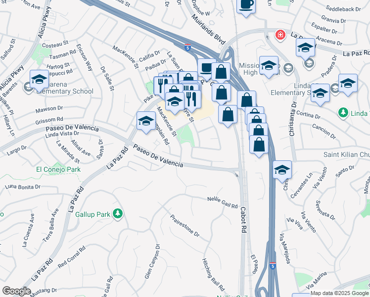 map of restaurants, bars, coffee shops, grocery stores, and more near 25502 Mackenzie Street in Laguna Hills