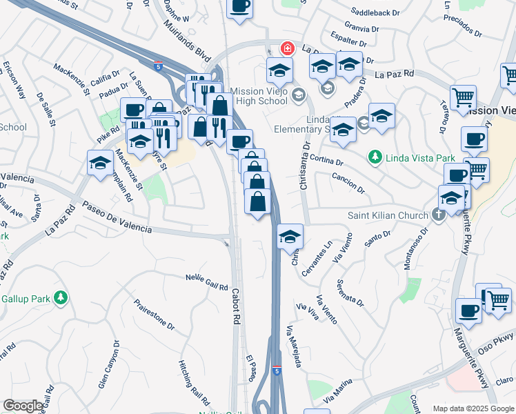 map of restaurants, bars, coffee shops, grocery stores, and more near 25362 El Paseo in Mission Viejo