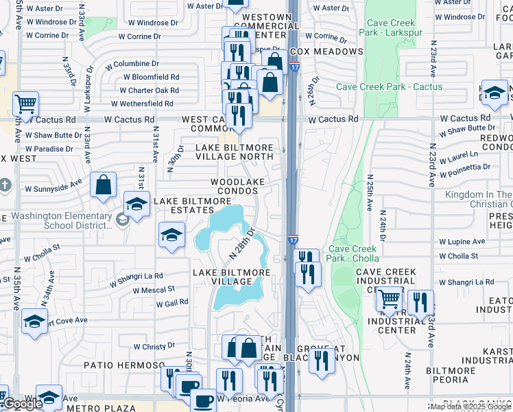 map of restaurants, bars, coffee shops, grocery stores, and more near 11459 North 28th Drive in Phoenix