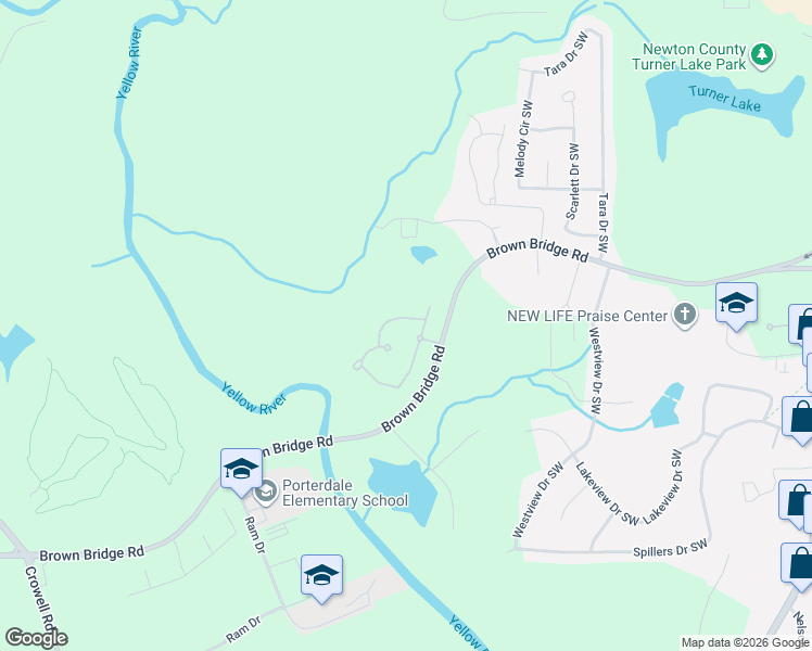 map of restaurants, bars, coffee shops, grocery stores, and more near 95 Waters Edge Lane in Covington