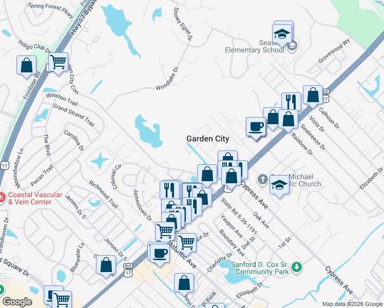 map of restaurants, bars, coffee shops, grocery stores, and more near 143 Garden City Connector in Murrells Inlet