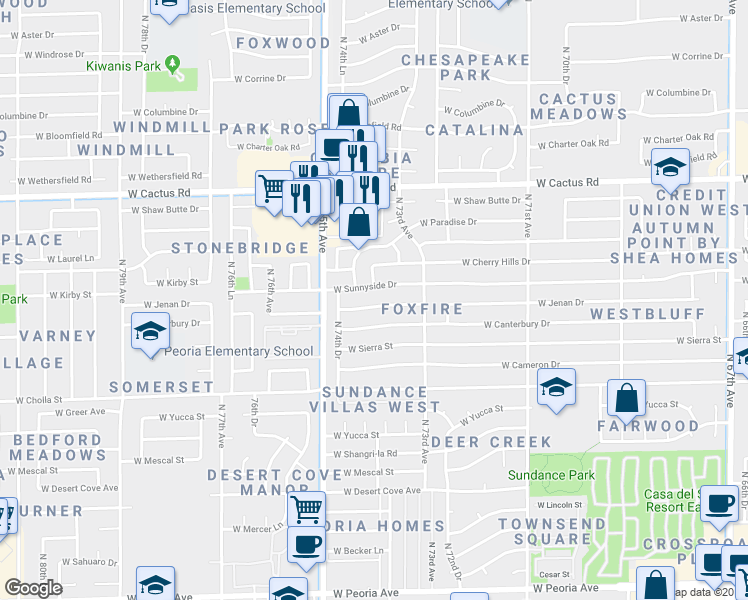 map of restaurants, bars, coffee shops, grocery stores, and more near 7358 West Sunnyside Drive in Peoria