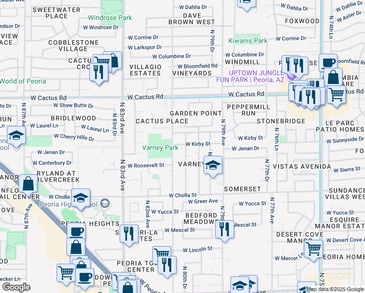 map of restaurants, bars, coffee shops, grocery stores, and more near 11825 North 81st Avenue in Peoria
