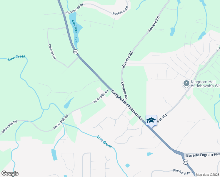 map of restaurants, bars, coffee shops, grocery stores, and more near 5990 Highway 92 in Fairburn
