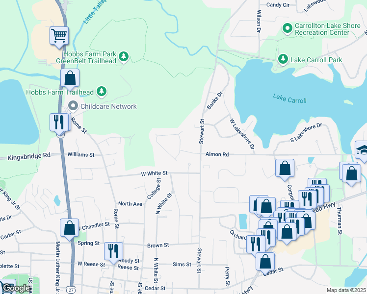 map of restaurants, bars, coffee shops, grocery stores, and more near 102 Wooded Glen Lane in Carrollton