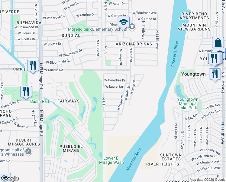 map of restaurants, bars, coffee shops, grocery stores, and more near 11806 West Laurel Lane in El Mirage