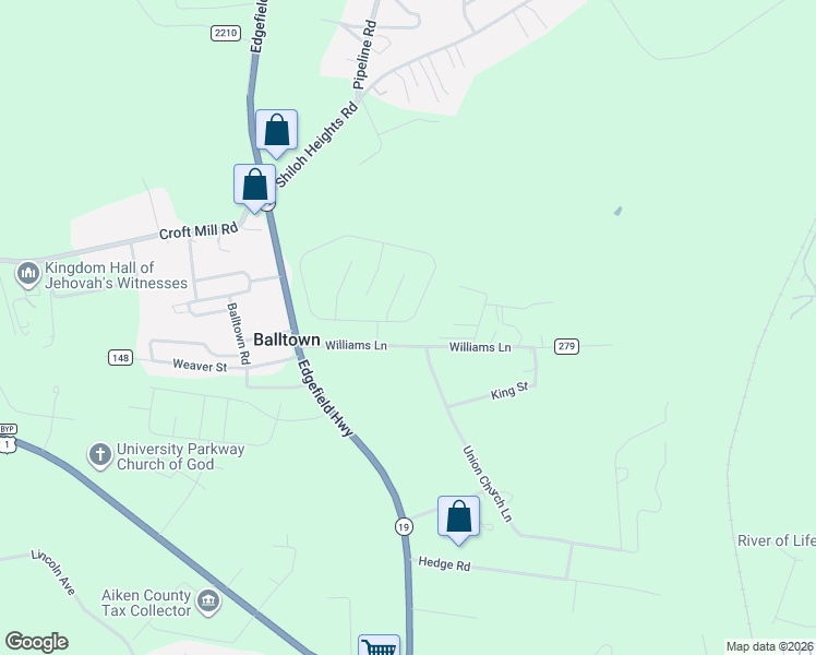 map of restaurants, bars, coffee shops, grocery stores, and more near 191A Williams Lane in Aiken