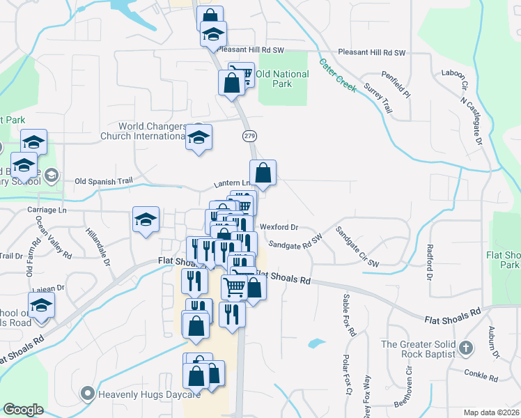 map of restaurants, bars, coffee shops, grocery stores, and more near 5990 Old National Highway in College Park