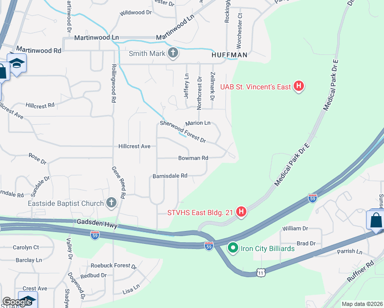 map of restaurants, bars, coffee shops, grocery stores, and more near 825 Sherwood Forest Drive in Birmingham