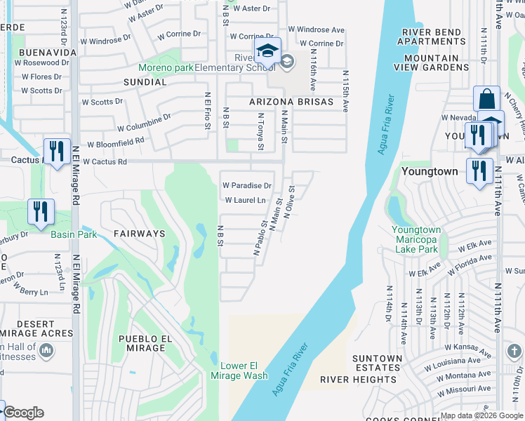 map of restaurants, bars, coffee shops, grocery stores, and more near 11925 North Pablo Street in El Mirage