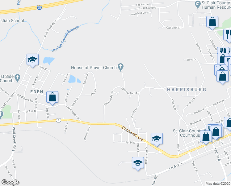 map of restaurants, bars, coffee shops, grocery stores, and more near McDavid Street in Pell City