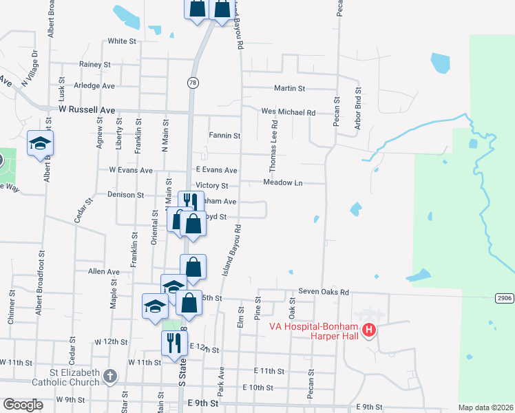 map of restaurants, bars, coffee shops, grocery stores, and more near 330 Boyd Loop in Bonham
