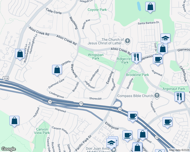 map of restaurants, bars, coffee shops, grocery stores, and more near 24 Sandbridge in Aliso Viejo