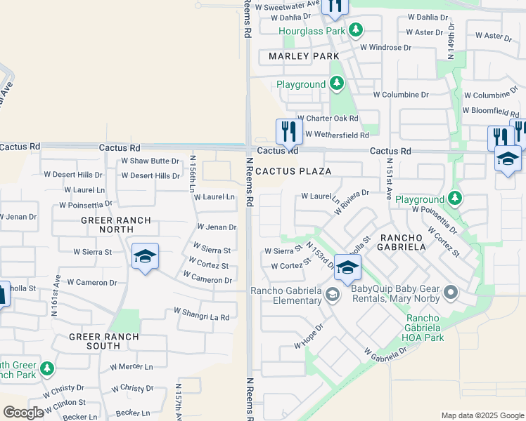 map of restaurants, bars, coffee shops, grocery stores, and more near 11934 North 154th Lane in Surprise