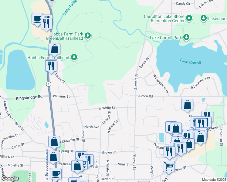 map of restaurants, bars, coffee shops, grocery stores, and more near 203 Wooded Glen Lane in Carrollton