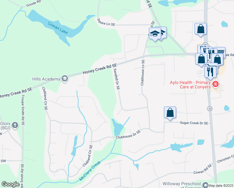map of restaurants, bars, coffee shops, grocery stores, and more near 3657 Sandhill Drive Southeast in Conyers