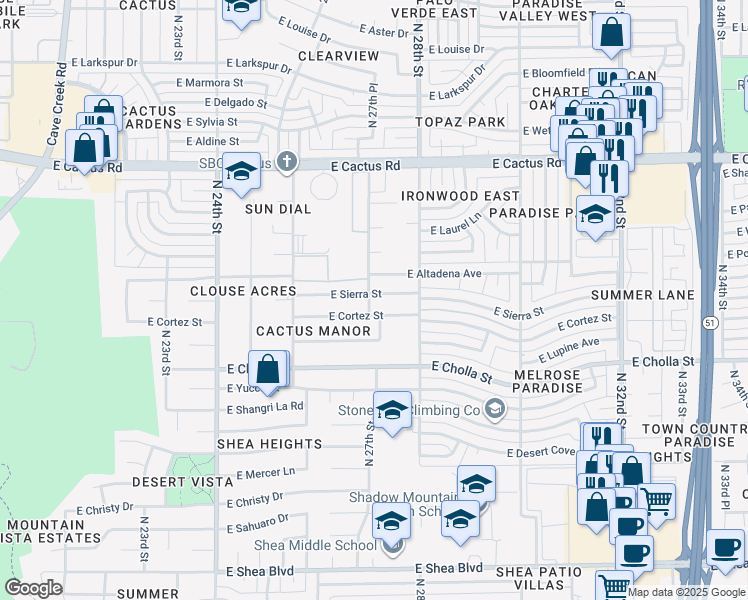 map of restaurants, bars, coffee shops, grocery stores, and more near 2718 East Sierra Street in Phoenix