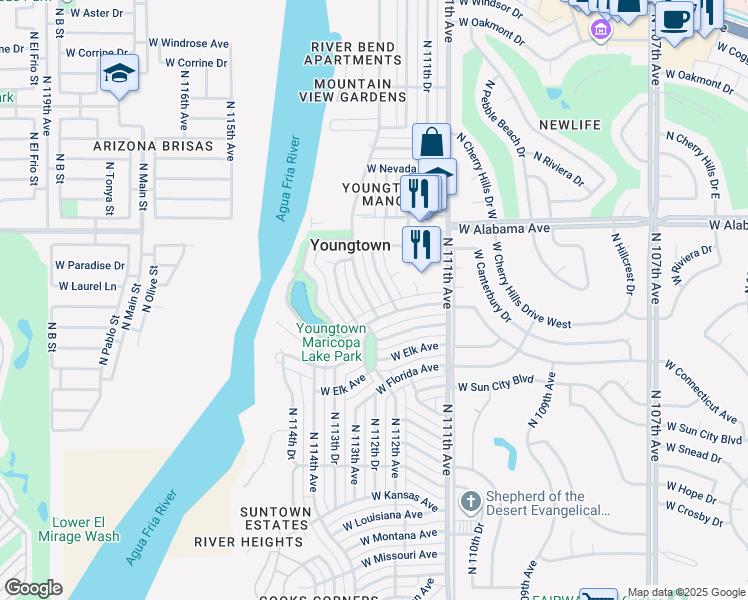 map of restaurants, bars, coffee shops, grocery stores, and more near 11830 North 112th Drive in Youngtown