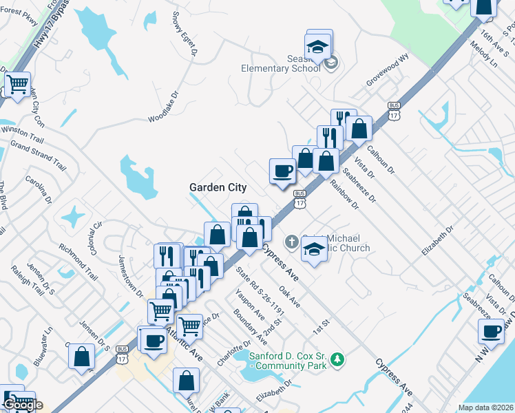 map of restaurants, bars, coffee shops, grocery stores, and more near 128 Lake Pointe Drive in Murrells Inlet