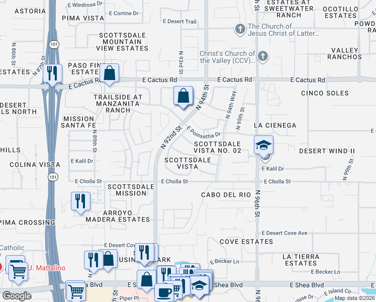 map of restaurants, bars, coffee shops, grocery stores, and more near 9292 East Cortez Street in Scottsdale