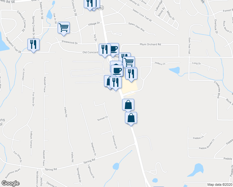 map of restaurants, bars, coffee shops, grocery stores, and more near 3665 Salem Road in Covington