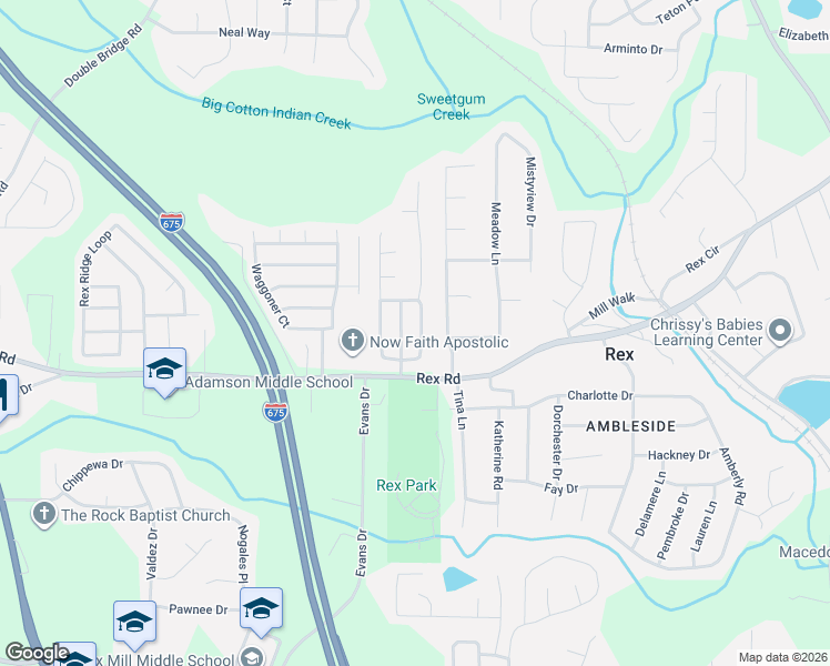 map of restaurants, bars, coffee shops, grocery stores, and more near 5930 Creekside Drive in Rex