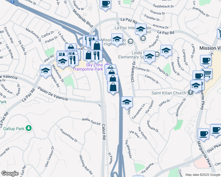 map of restaurants, bars, coffee shops, grocery stores, and more near 25362 El Paseo in Mission Viejo