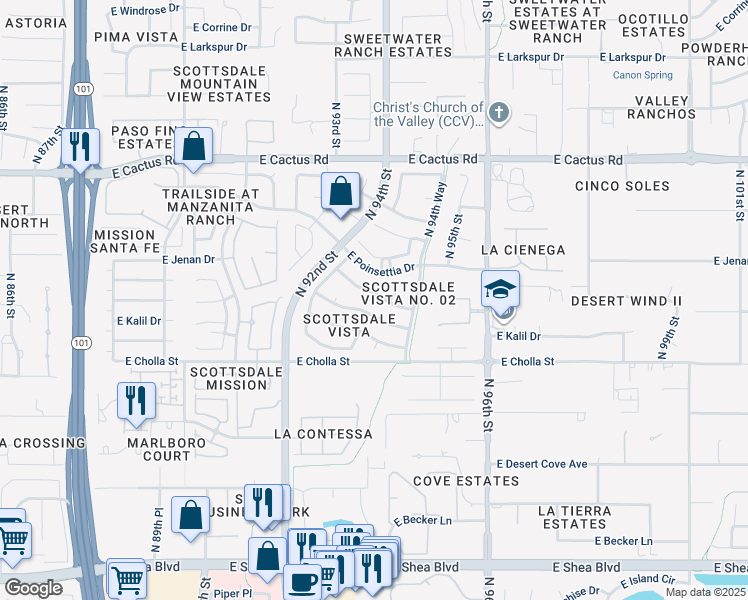 map of restaurants, bars, coffee shops, grocery stores, and more near 9358 East Altadena Avenue in Scottsdale