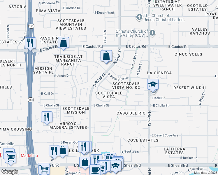 map of restaurants, bars, coffee shops, grocery stores, and more near 9292 East Cortez Street in Scottsdale