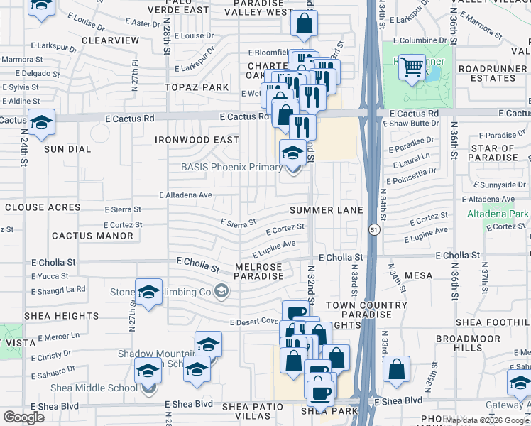map of restaurants, bars, coffee shops, grocery stores, and more near 11628 North 31st Street in Phoenix