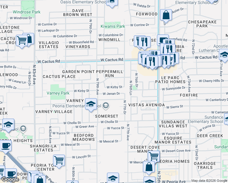 map of restaurants, bars, coffee shops, grocery stores, and more near 7803 West Kirby Street in Peoria