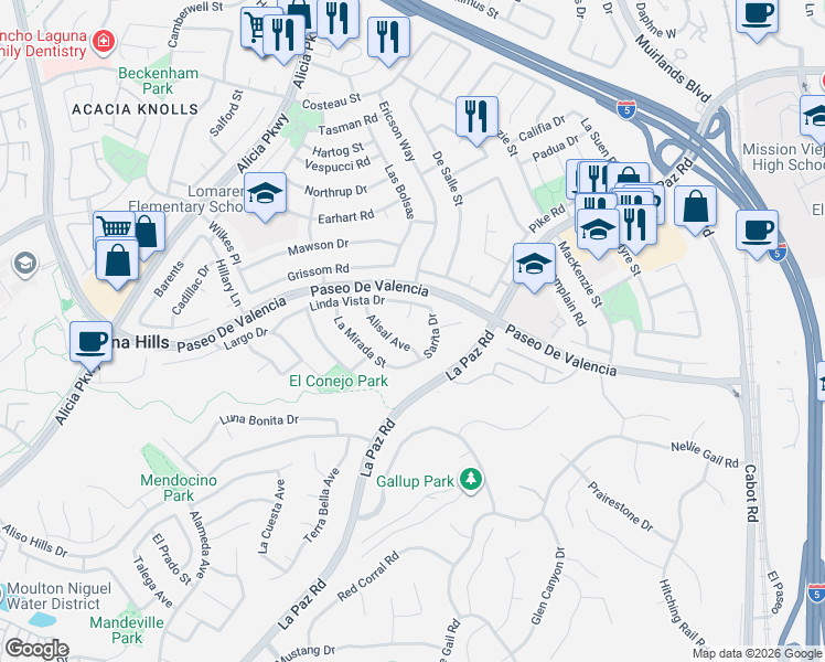 map of restaurants, bars, coffee shops, grocery stores, and more near 25372 Linda Vista Drive in Laguna Hills