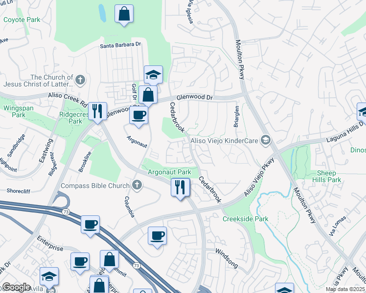 map of restaurants, bars, coffee shops, grocery stores, and more near 21 Baywood in Aliso Viejo