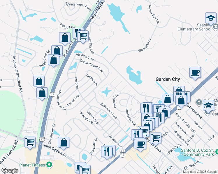 map of restaurants, bars, coffee shops, grocery stores, and more near 5005 Pine Lake Drive in Myrtle Beach