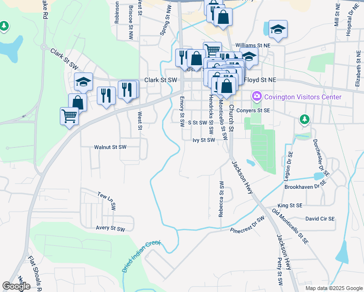 map of restaurants, bars, coffee shops, grocery stores, and more near 3132 Lunsford Circle Southwest in Covington