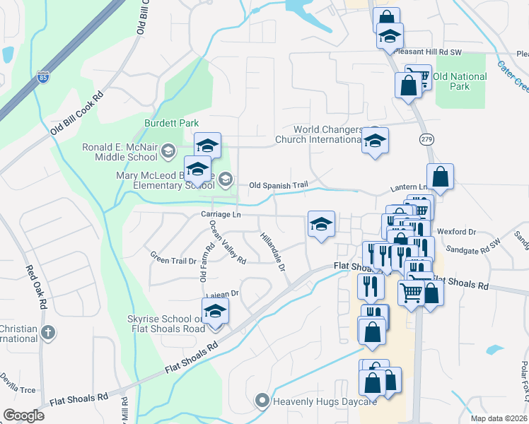 map of restaurants, bars, coffee shops, grocery stores, and more near 5345 Carriage Court in College Park