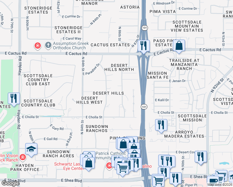 map of restaurants, bars, coffee shops, grocery stores, and more near 8560 East Cortez Street in Scottsdale