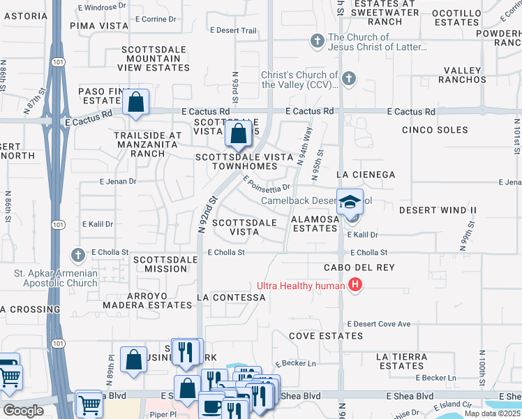 map of restaurants, bars, coffee shops, grocery stores, and more near 9373 East Altadena Avenue in Scottsdale