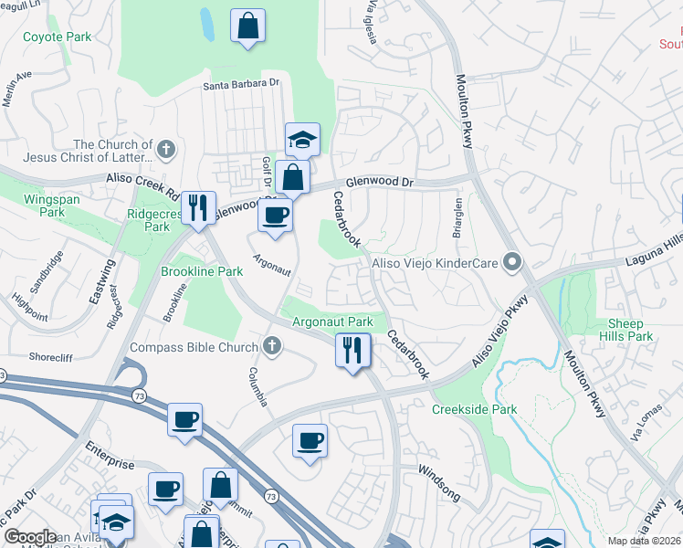 map of restaurants, bars, coffee shops, grocery stores, and more near 21 Baywood in Aliso Viejo