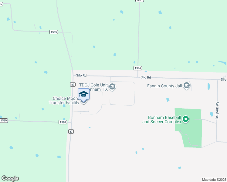 map of restaurants, bars, coffee shops, grocery stores, and more near 3801 Silo Road in Bonham